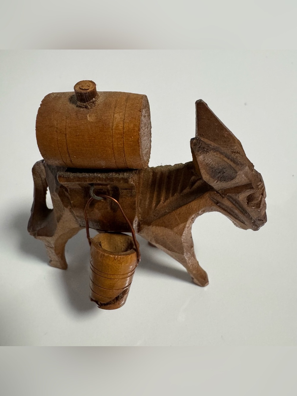 Hand-Carved Wooden Donkey Figurine with Barrel & Bucket - Brown